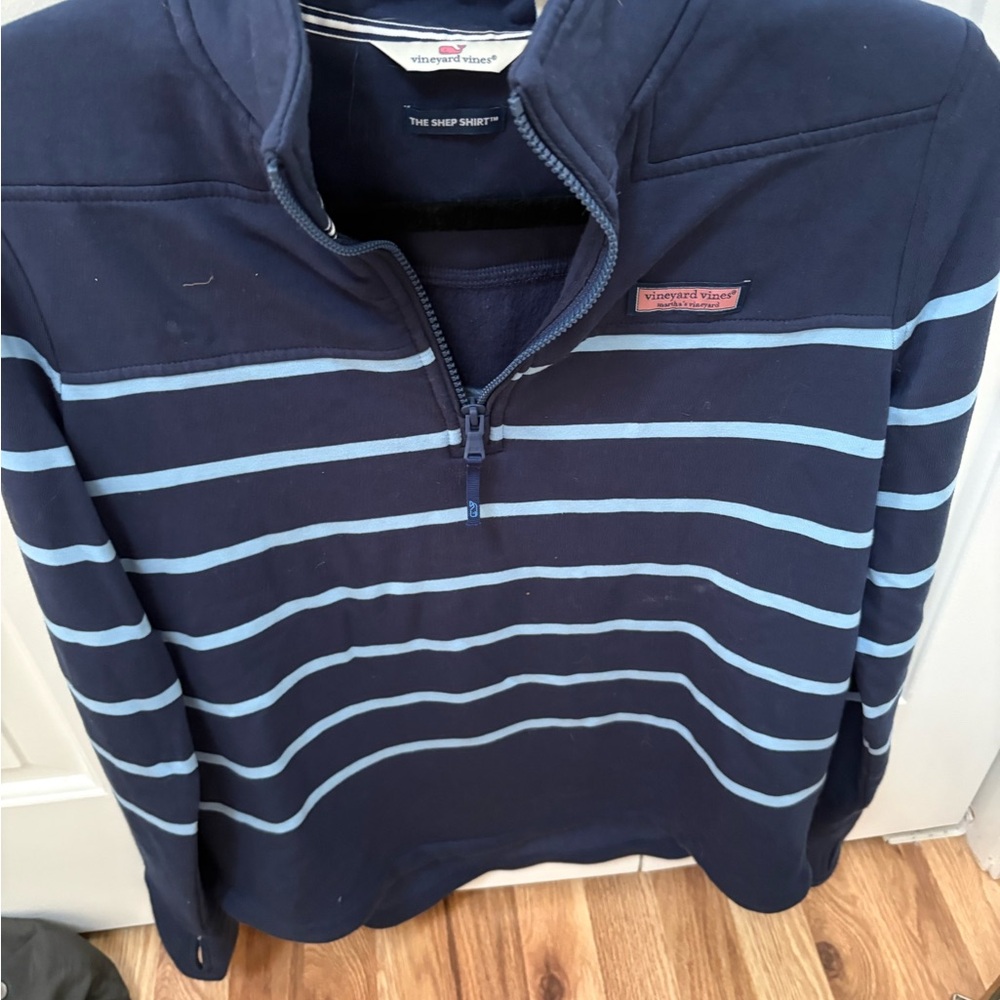 Vineyard Vines Men's Navy and Light Blue Striped Quarter-Zip Sweater